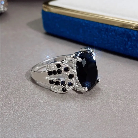 New Elegant 925 Silver Jewelry Fashion Women Black Sapphire Ring - Picture 5 of 6
